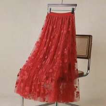 Embroidered Tulle Midi Skirt - Light And Romantic, 100% Polyester - 紅色 - 查看 2