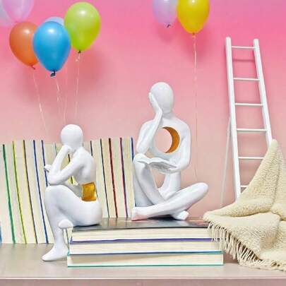 1 Gold, Black, White Abstract Thinking Reader Sculpture, Art Resin Statue Set, Used For Home Decoration, Graduation Gift, Office Desktop Or Bookshelf Display