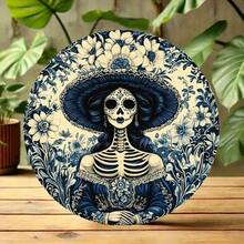 La Catrina 2D Flat Round Aluminum Wall Art - Elegant Dress Floral Skeleton, Day Of The Dead Theme, Home Office Decor - 彩色 - 查看 5