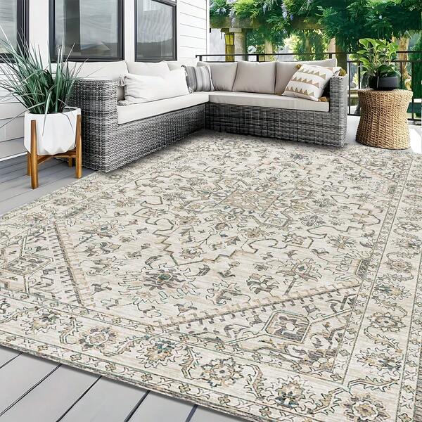 1pc Luxurious Pale-Toned Bohemian Style Rug, Vintage Distressed European Design, Soft Non-Slip Outdoor Carpet For Patio, Garden, Camping, Picnic, Living Room, Bedroom, Game Room, Entryway, Machine Washable All-Season Large Size Mat, Garden Decor