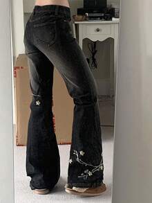 Women Bell Bottom Jeans Stretchy Flare Mid Rise Embroidery Vintage Denim Pants 90s Outfits Y2k Clothes - 黑色 - 查看 4