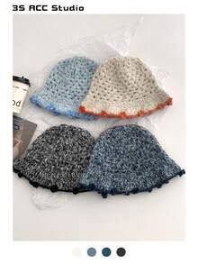 1 件复古提花针织渔夫帽，适合女士，春夏季，百搭，小脸框架渔夫帽，粉色条纹撞色手工秋季配饰