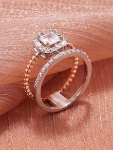1pc Fashion Geometric Dual Layer Dual Tone Design Inlaid Classic Shiny Square Synthetic Cubic Zirconia Ring, Suitable For Women, Suitable For Wedding/Party/Birthday Gift For Friends And Mothers