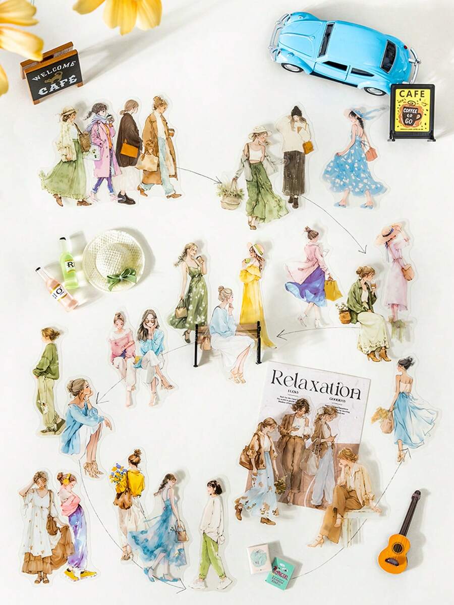 20张/包 休闲时尚女孩人物PET贴纸,适用于剪贴簿、DIY装饰、相册剪贴簿用品,趣味贴纸,笔记本电脑贴纸,Kindle手机贴纸 - 彩色 - 查看 1