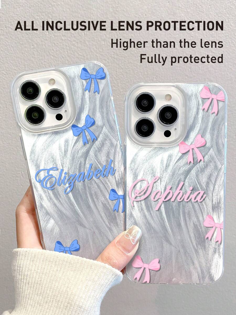 1pc Customized Name & Bowknot Color Pattern Phone Case, Fashionable Custom Design Reflective Thick Anti-Drop Phone Case Compatible With Iphone 11 12 13 14 15 16 Pro Max - Multicolor - View 1