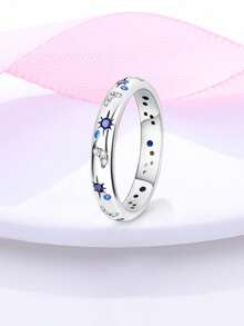 1 Pc Original 925 Sterling Silver Rings For Women 4-10 Sizes Class Star Moon Pattern Cubic Zirconia Stackable Ins European And American Style Elegance Jewelry Gifts Fits Daily Party Shopping - Silver - View 5