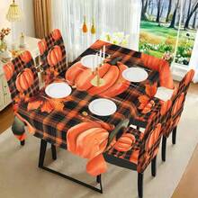 1/4/5/6/7/36pcs Thanksgiving Plaid, Line, Pumpkin & Maple Leaf Print Chair Cover/Seat Covers Set, Suitable For Indoor Home, Restaurant, Hotel, Ideal For Modern Daily Decor. Tablecloth Fits Square Dining Table, Elastic Chair Covers Are Washable. - Multicolor - View 15