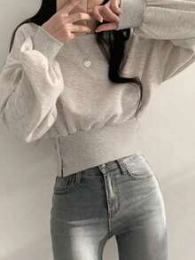 女式纯色休闲百搭束腰纽扣设计灯笼袖运动衫，秋季 - 白灰色 - 查看 4