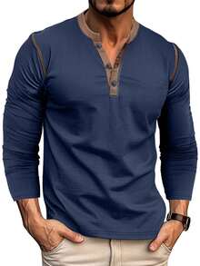 Herren Große Größen Henley Langarm T-Shirt, Kontrastfarbe, Herbst - marineblau - Übersicht 1