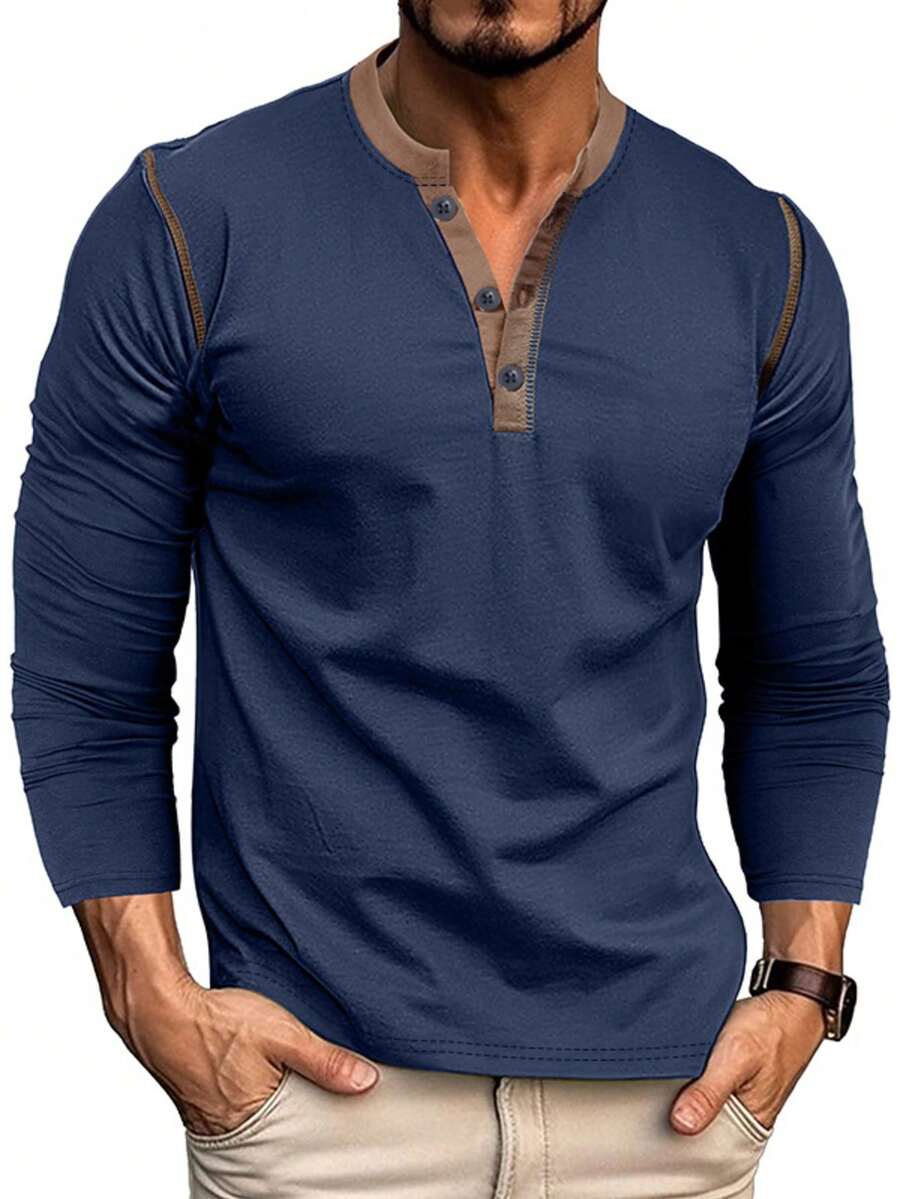 Herren Große Größen Henley Langarm T-Shirt, Kontrastfarbe, Herbst - marineblau - Übersicht 1