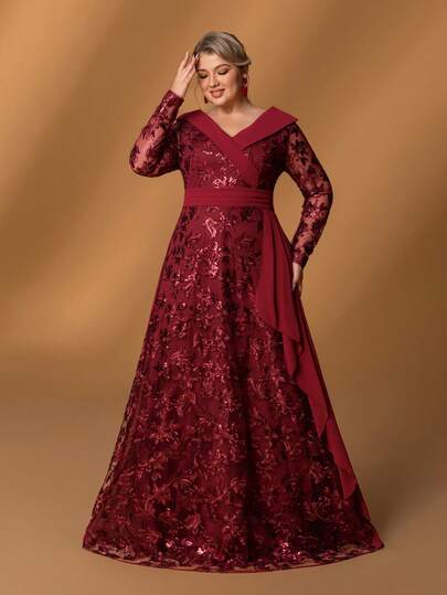 Faeriesty Mosy 大码女士晚礼服，优雅V领长袖设计，花卉刺绣A字裙摆，配腰带