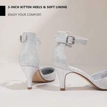 Women's IN3 D'Orsay Pumps Low Kitten Heels For Women Dress Shoes Pointed Closed Toe Wedding Bride Ankle Strap Dressy Silver Black Nude White Gold Heels For Women-2025 - Silver Glitter - 查看 8
