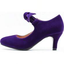 Women's Cute Bow Heels Mary Jane Kitten Heel Pumps Closed Round Toe Low Heels Ankle Strap Wedding Evening Party Dress Office Work Church Shoes-20256688 - 紫色天鵝絨 - 查看 6