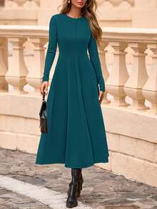 Cocktail Dresses For Women  Elegant Classy Fall Long Sleeve Midi Swing A Line Flowy Modest Party Dress - màu lục lam đậm - Xem 6