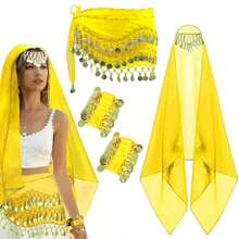 4 件套肚皮舞套装肚皮舞雪纺臀巾、头巾腕带舞蹈配饰带金币 - 彩色 - 查看 14