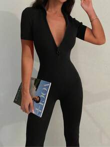 Sexy Streetwear Fitted Zip-Up Short Sleeve V-Neck Jumpsuit Unitard, , Fashionable For Spring And Summer
