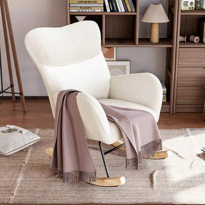 Luxstein Rocking Chair For Adults, High Back Teddy Upholstered Nursing Chair Comfy Armchair With Metal Legs And Wood Base For Living Room, Bedroom, Balcony, Ivory White