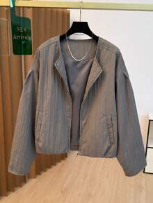 Women's Casual Jacket, Striped Woven Fabric, Pockets, Zipper, Puff Shoulder Design, Oversized Fit, Suitable For Various Figures, High-Quality Solid Color, Simple & Fashionable, Versatile For Daily Commute In Autumn/Winter - Grey - View 2