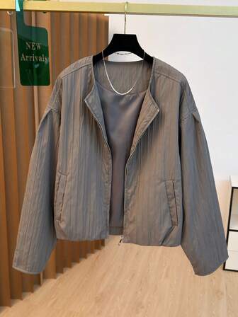 Women's Casual Jacket, Striped Woven Fabric, Pockets, Zipper, Puff Shoulder Design, Oversized Fit, Suitable For Various Figures, High-Quality Solid Color, Simple & Fashionable, Versatile For Daily Commute In Autumn/Winter