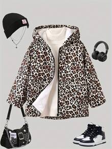 Tween Girls' Warm Leopard Print Thermal Lined Hooded Zipper Jacket For Outdoor, Winter