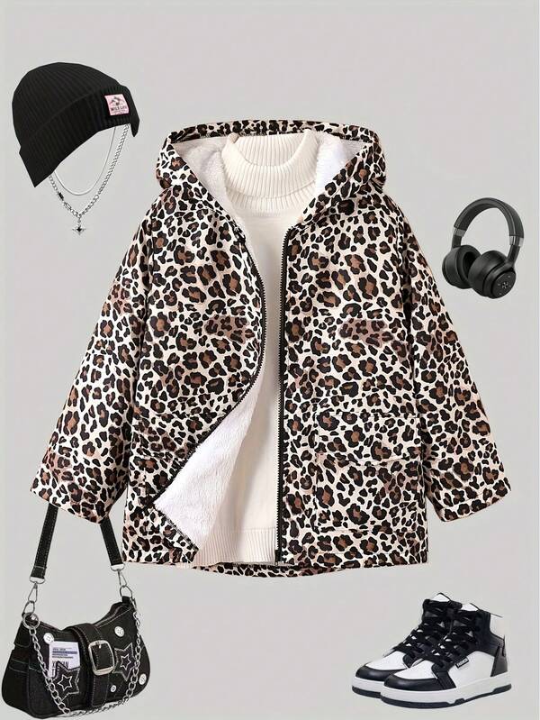 Tween Girls' Warm Leopard Print Thermal Lined Hooded Zipper Jacket For Outdoor, Winter