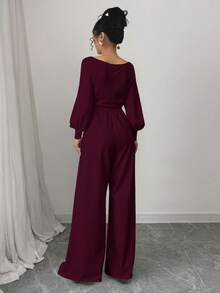 Mujer elegante mono largo cruzado con cinturón holgado escote en V manga larga primavera otoño para fiesta - Rojo Violeta - Ver 3