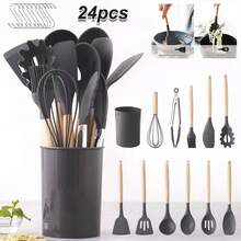 24pcs Kitchen Utensil Set, 24 Piece Cooking Utensils, Silicone Utensils Set With Holder, Heat Resistant Tools Include Spoons Turner Spatula Ladle Tong For Non-Stick Cookware - Dark Grey - View 1