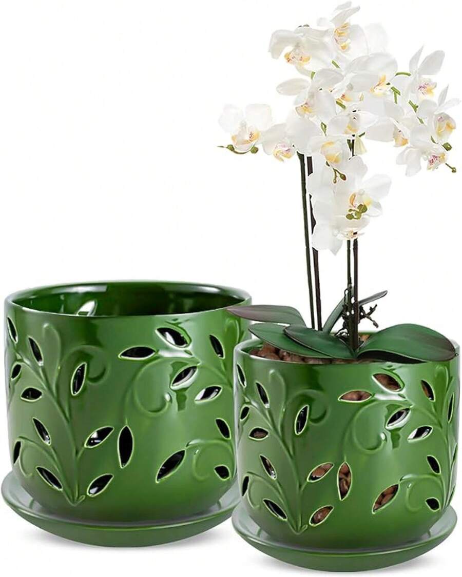 KF-Plant AccessoriesOrchid Pot With Holes, 5+6Inch Ceramic Plant Pots With Drainage Holes And Tray, Promoting Air Circulation And Drainage, Indoor/Outdoor White Flower Potsplant Garden - 綠色-1 - 查看 1