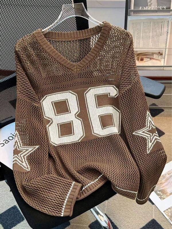 Sudadera holgada de estilo casual y relajado con estampado numérico para parejas de talla grande, blusa de punto elegante y transparente