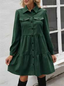 Damen Lässig Pendler einfarbiges Kleid mit Knopfleiste und Langarm