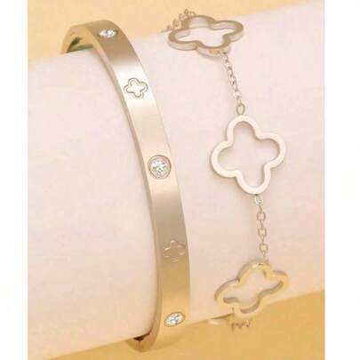 Vintage Elegant Stainless Steel Zirconia Flower Jewelry Bracelet Set, Suitable For Women's Daily Wear