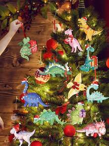 24pcs Christmas Tree Dinosaur Theme Design Unique Holiday Wooden Hanging Decorations (Hats, Scarves, Sweaters), Suitable For Holiday Trees, Home, Kitchen, And Party Decorations, Seasonal Kitchen Decorations | Classic Christmas Style | Vibrant Holiday Colors, Dinosaur Christmas Decorations