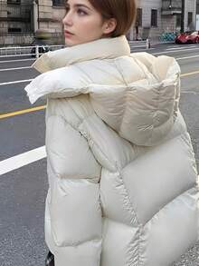 Jaqueta feminina grossa com capuz e enchimento de plumas, elegante e acolchoada, estilo vintage, quente e espessa, parka casual para o inverno. - Branco - Ver 1