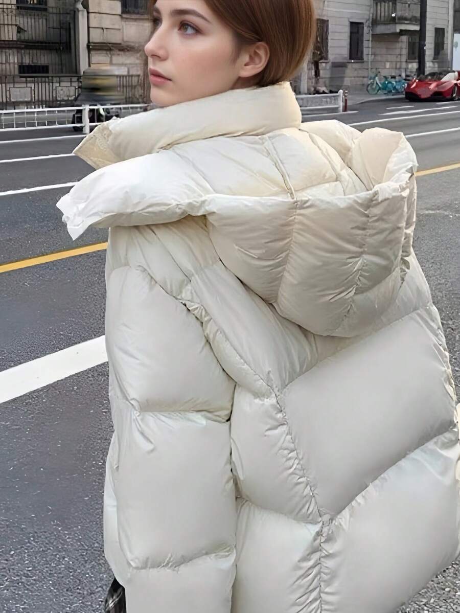 Jaqueta feminina grossa com capuz e enchimento de plumas, elegante e acolchoada, estilo vintage, quente e espessa, parka casual para o inverno. - Branco - Ver 1