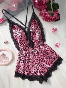 New Arrival Women's Sexy Lingerie Adjustable Cross-Back Straps With Deep V-Neck Backless Sexy Teddy Lace-Embellished Satin Comfortable Homewear Bodysuit Pajamas - Deep Pink - View 4