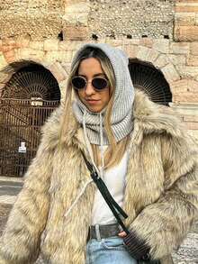 1件女士灰色抽绳仿领拉法帽，户外滑雪保暖针织面颈防护连帽斗篷，适合冬季防寒，颜色和款式随机发货，圣诞礼物 - 淺灰色 - 查看 3