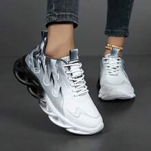 轻便休闲运动女式软底减震跑步鞋，系带前双色网眼厚底运动鞋，男女通用 - 黑與白 - 查看 5