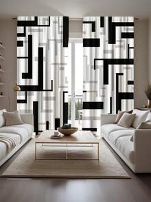 2 件抽象黑白几何方形数码印花窗帘，半透明窗帘，用于保护卧室和客厅的隐私 - 彩色 - 查看 4