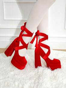 Platform High Heels For Women Goth Sexy Bow Chunky Heel Mary Janes Dressy Ankle Strap Round Closed Toe Y2K Shoes Elegant Outfits Valentine's Day - Đỏ - Xem 9