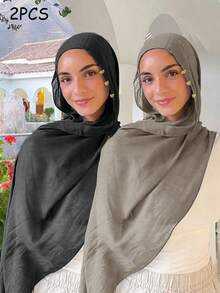 1pc Solid Color Soft Abaya Accessory, Breathable Lightweight Modal Headscarf With Accessory, Suitable For Pairing With Dresses - Solid Color - View 21