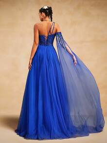 VIPGIRL Blue Sequin Patchwork Elegant Design Sheer Mesh Long Evening Dress, Graceful - Blue - View 2