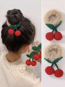 2 Stücke/Set Mädchen Kinder Weihnachten Kirsche gestrickt Plüsch Haarband Haarschmuck, süßer Prinzessinnenstil, geeignet für den täglichen Gebrauch