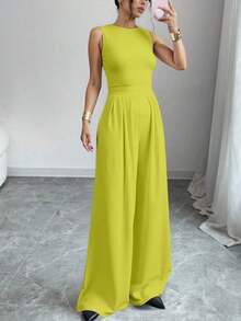Mono Elegante para Mujer con Diseño Cruzado, Mangas Volantes con Abertura y Fajilla Ajustada, Cuello en V, Piernas Anchas, Primavera/Verano, Fiesta - Amarillo - Ver 1