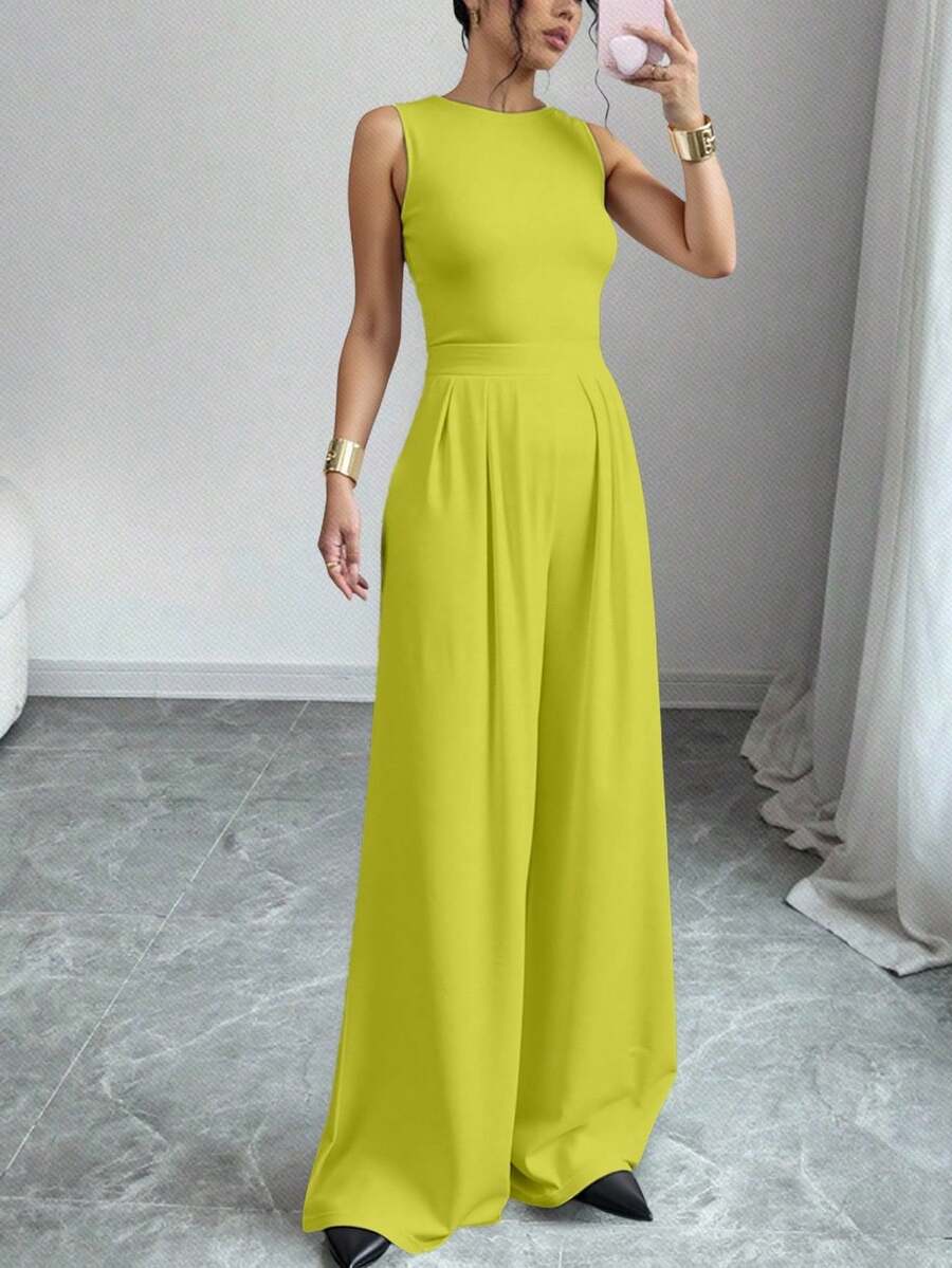 Mono Elegante para Mujer con Diseño Cruzado, Mangas Volantes con Abertura y Fajilla Ajustada, Cuello en V, Piernas Anchas, Primavera/Verano, Fiesta - Amarillo - Ver 1