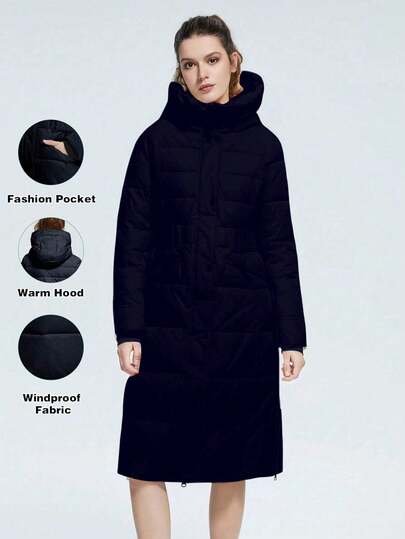 女士纯色长袖连帽长款休闲棉服外套，冬季