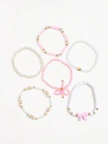 6pcs/Set Fashionable Heart & Bow Beaded Bracelet Set Women,Pearl Bow Set Women's Bracelet Sweet Bohemian Beaded Style - 粉色 - 查看 3