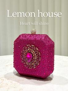 1 件紫红色闪亮水钻装饰优雅迷你盒式手拿包，时尚个性化手提包，适合晚会、婚礼、庆典、节日、女士 - 查看 5