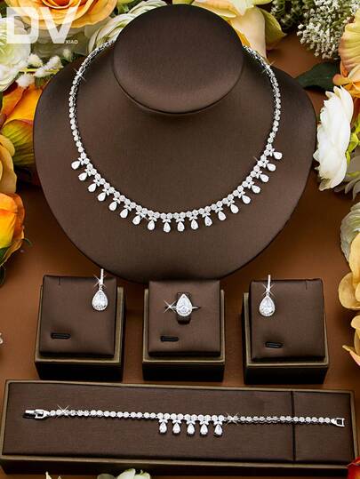 DV JEWELRY 5 件/套方晶锆石半钻石镀白金奢华项链、手链、耳环、开口戒指首饰套装，优雅珠宝礼物，适合女性、派对、周年纪念，礼盒包装