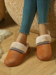 女士仿麂皮绒毛拖鞋，厚底包头拖鞋，冬季时尚户外雪地鞋，一脚蹬休闲拖鞋，带 TPR 防滑外底，适合室内外使用 - 棕色1 - 查看 3
