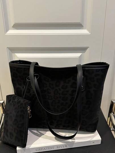 Dos piezas Nuevo Bolso de mano de gran capacidad con estampado de leopardo de gamuza con asas duales, ideal para ir al trabajo o al campus. Este espacioso pero ligero bolso combina estilos clásicos casuales y de oficina. Perfecto para mujeres jóvenes, estudiantes universitarios y profesionales, se adapta sin problemas a entornos de trabajo, temporada de regreso a clases, vida escolar y viajes vacacionales. Un elegante bolso de mano con cremallera.